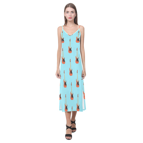 electric guitar pattern light blue background V-Neck Open Fork Long Dress