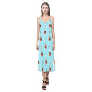 electric guitar pattern light blue background V-Neck Open Fork Long Dress