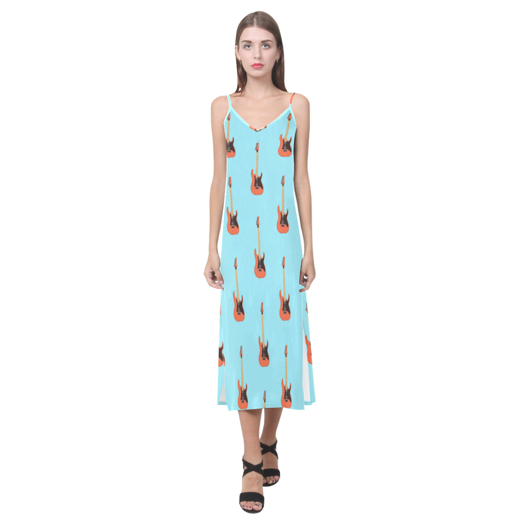 electric guitar pattern light blue background V-Neck Open Fork Long Dress