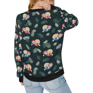 Cute sloths sleeping christmas ball santa hat patt Women's Crew Neck Sweatshirt