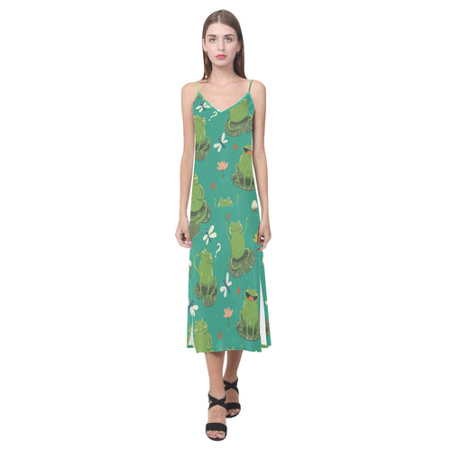 Cute frog dragonfly design pattern V-Neck Open Fork Long Dress