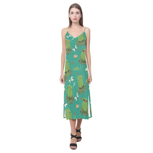 Cute frog dragonfly design pattern V-Neck Open Fork Long Dress