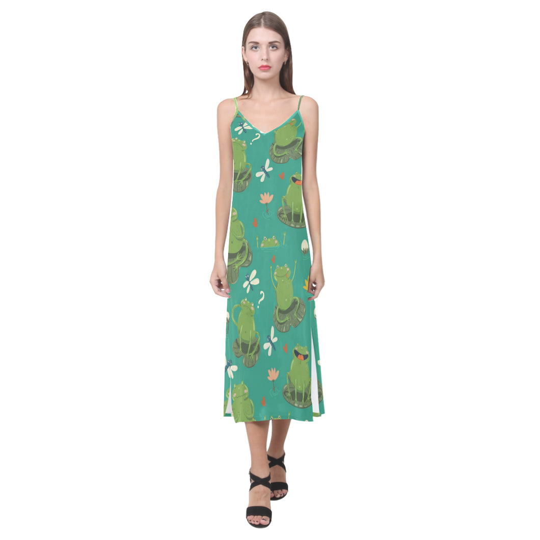 Cute frog dragonfly design pattern V-Neck Open Fork Long Dress