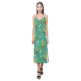 Cute frog dragonfly design pattern V-Neck Open Fork Long Dress
