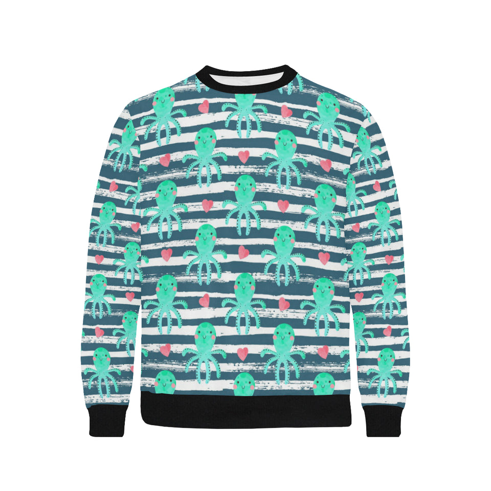 Cute octopuses heart striped background Men's Crew Neck Sweatshirt