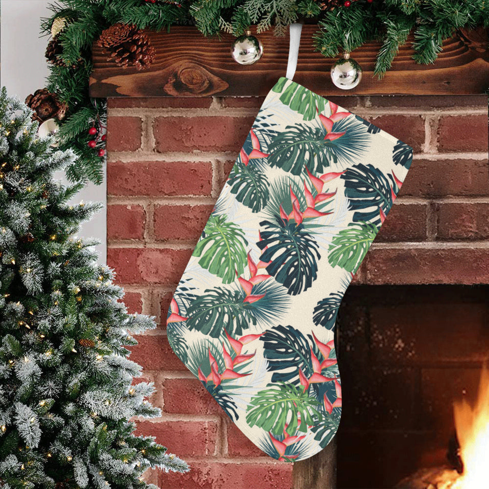 heliconia flowers, palm and monstera leaves Christmas Stocking