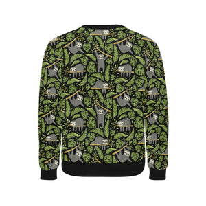 Cute sloths tropical palm leaves black background Men's Crew Neck Sweatshirt
