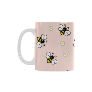 Cute bee flower pattern pink background Classical White Mug (Fulfilled In US)