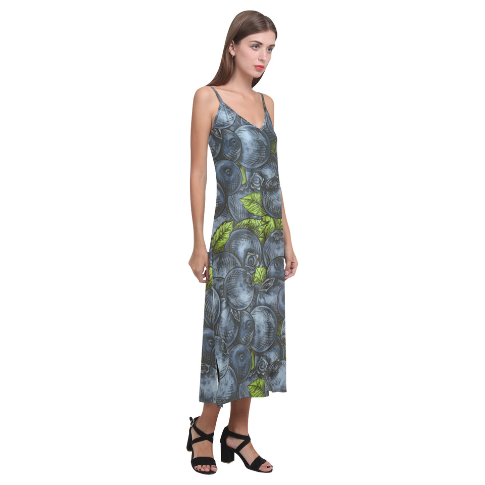 blueberry pattern V-Neck Open Fork Long Dress