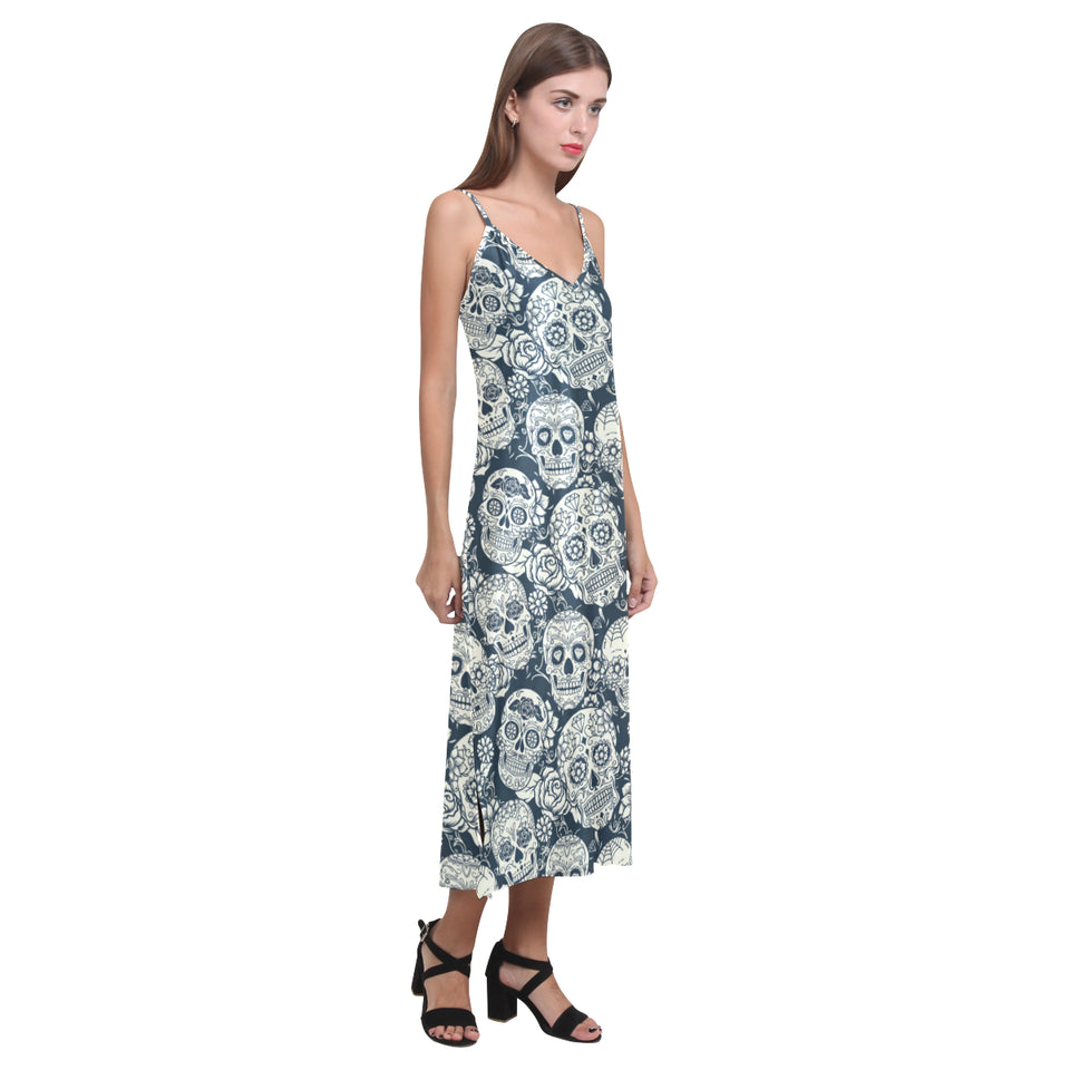 Sugar skull black white pattern V-Neck Open Fork Long Dress