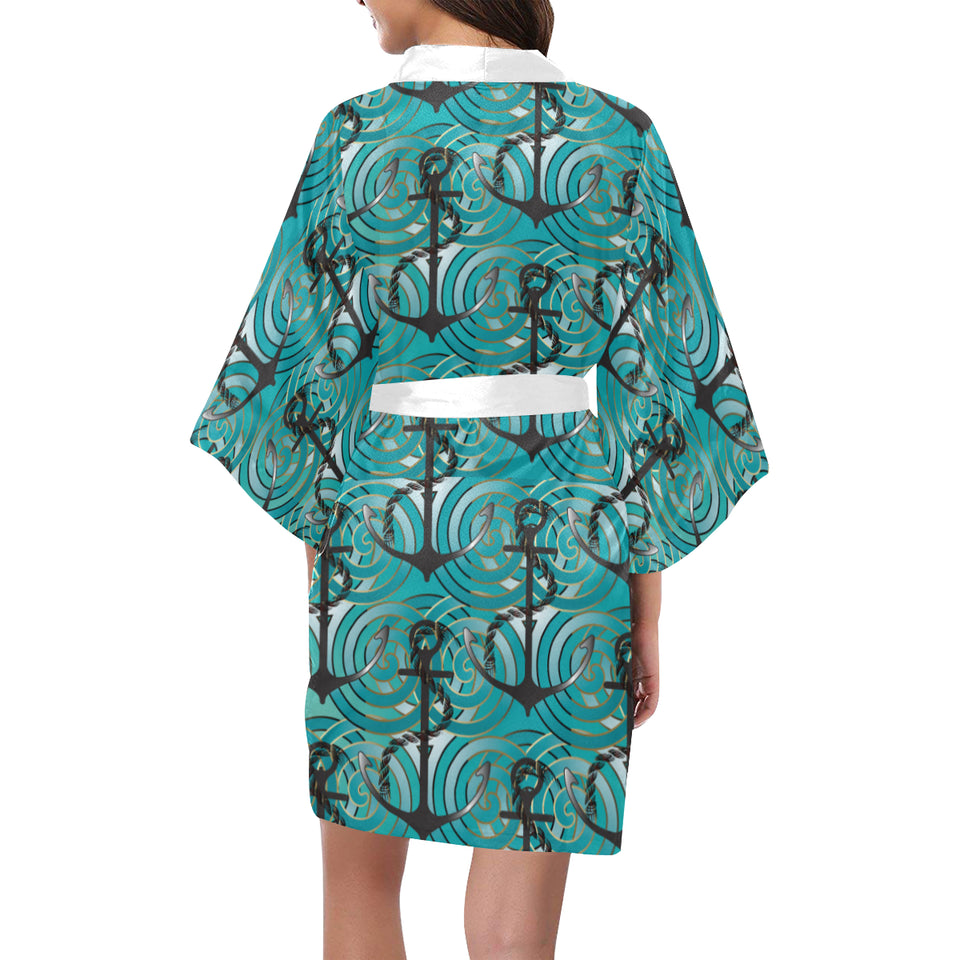 Anchor nautical green background Women's Short Kimono Robe