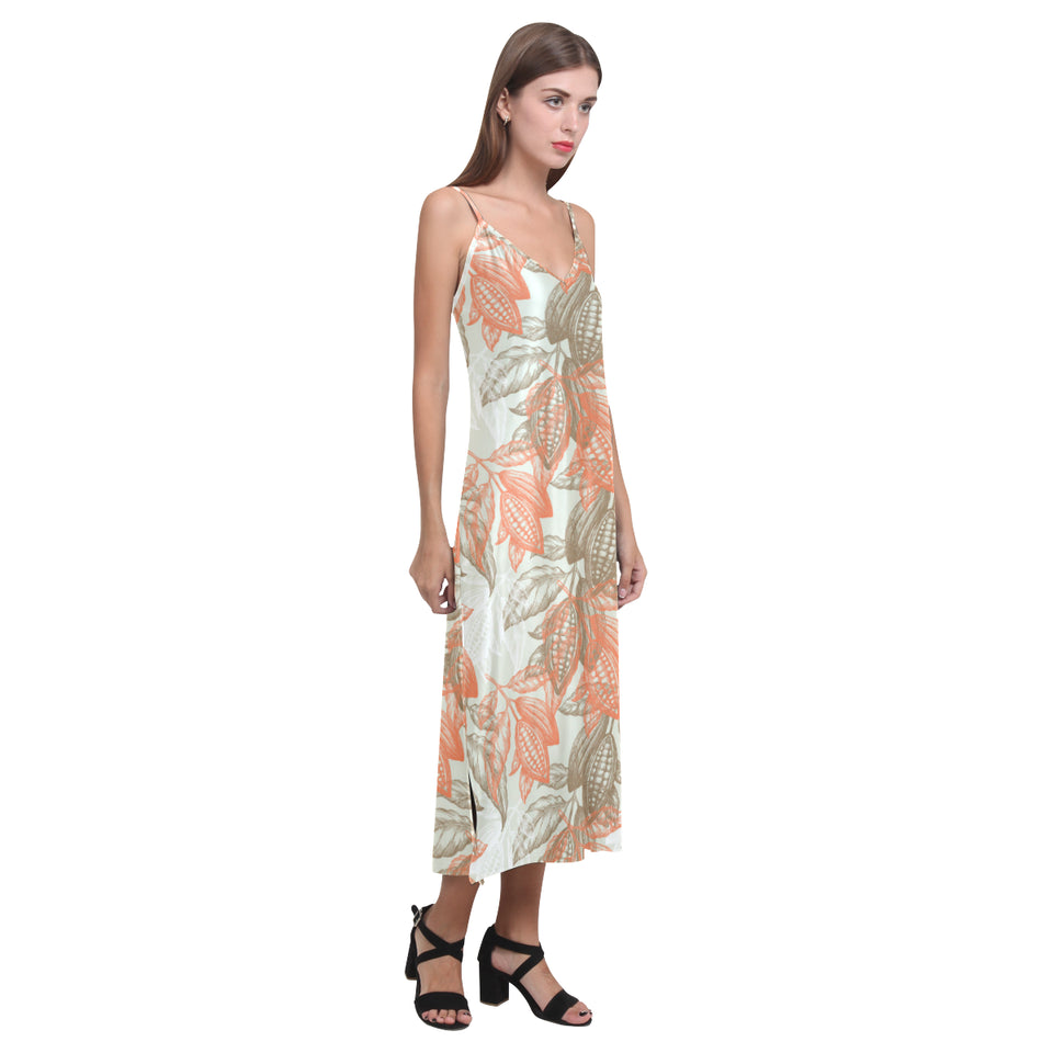 Cocoa beans Cocoa tree pattern V-Neck Open Fork Long Dress