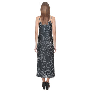 Spider web pattern Black background white cobweb V-Neck Open Fork Long Dress