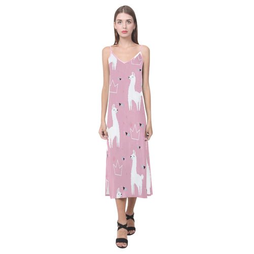 Llama Alpaca pink background V-Neck Open Fork Long Dress