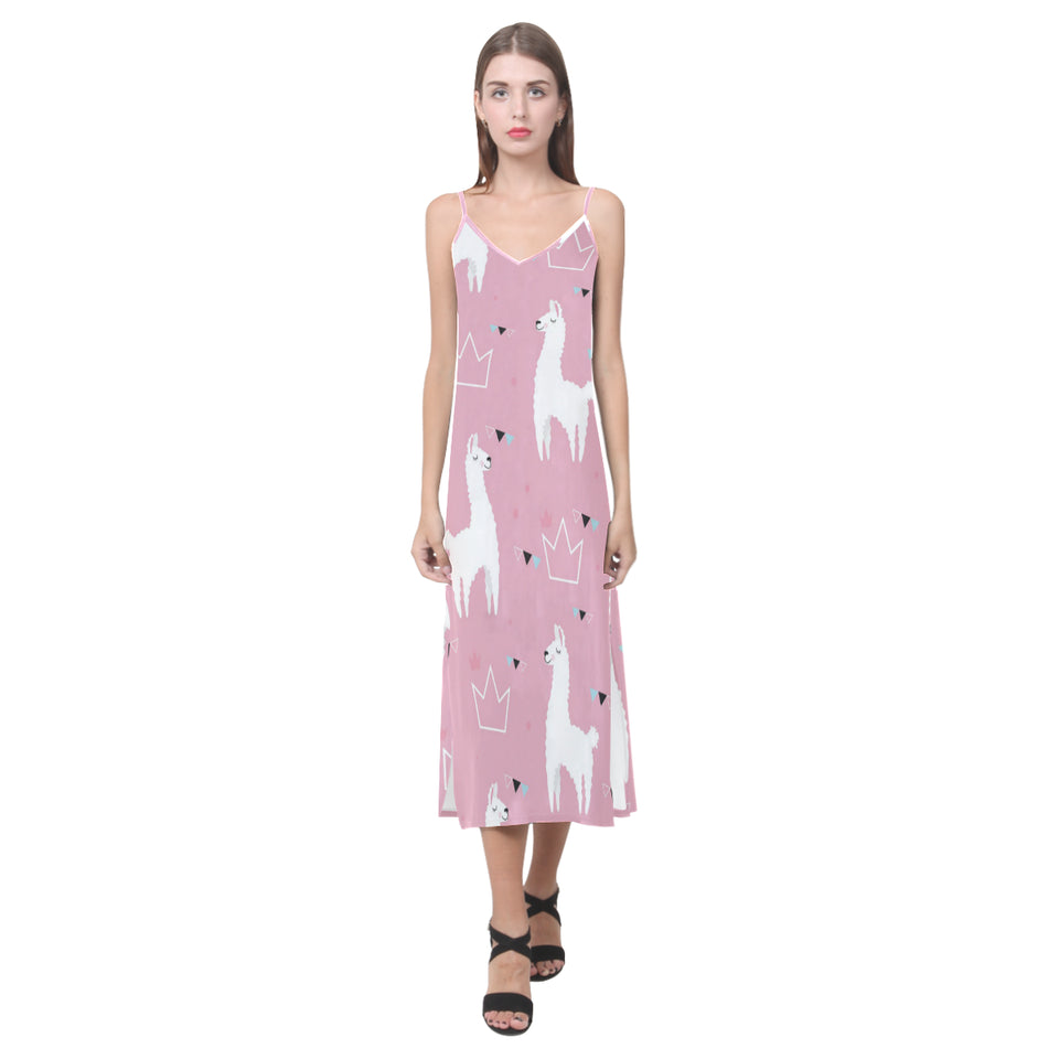 Llama Alpaca pink background V-Neck Open Fork Long Dress