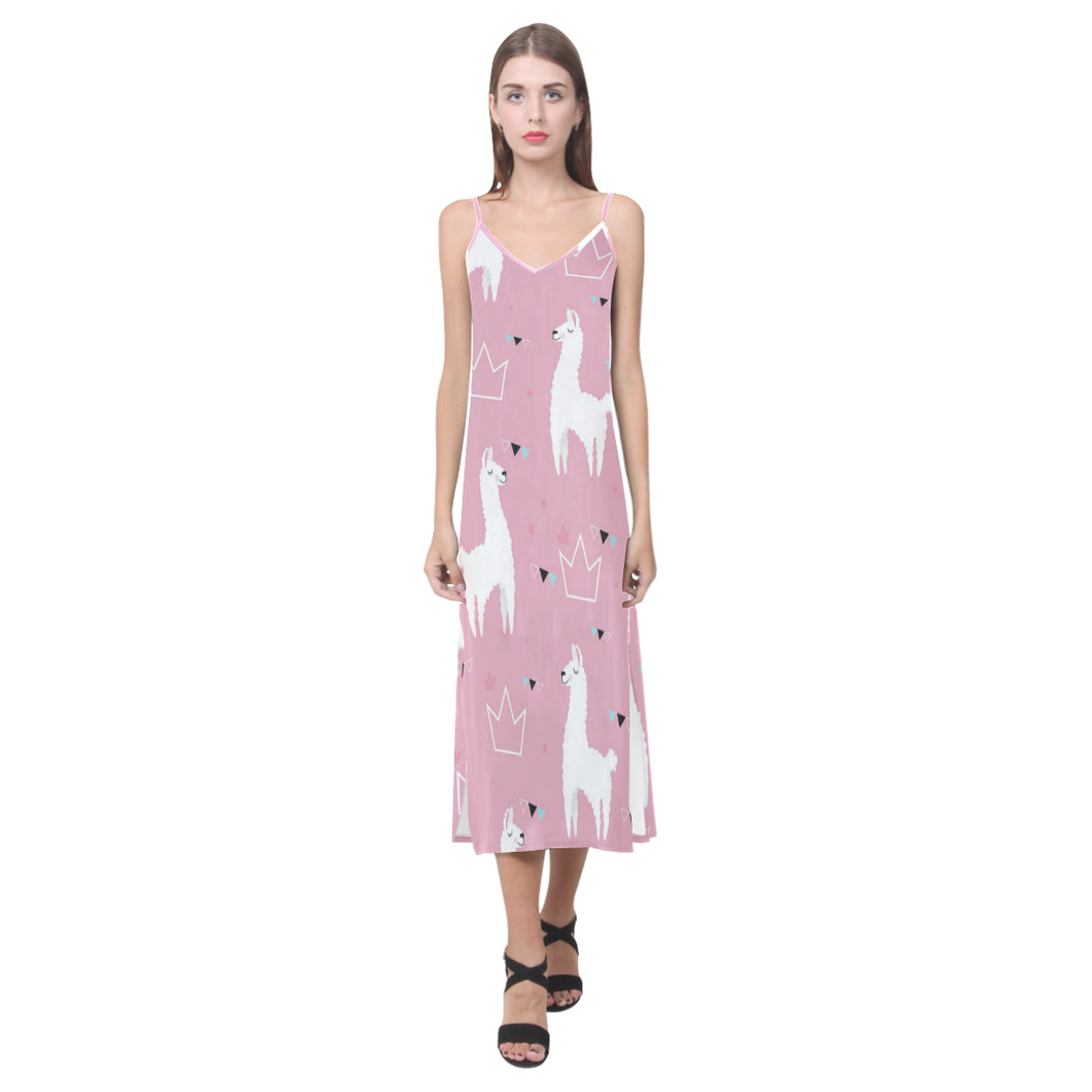 Llama Alpaca pink background V-Neck Open Fork Long Dress