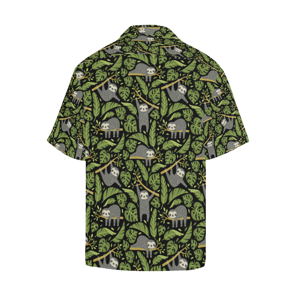 Cute sloths tropical palm leaves black background Men's All Over Print Hawaiian Shirt
