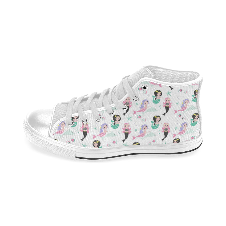 cute mermaid dolphin fish starfish pattern Men's High Top Canvas Shoes White