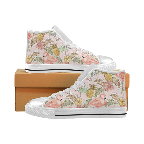 Pink flamingo birds pineapples hibiscus flower pat Women's High Top Canvas Shoes White