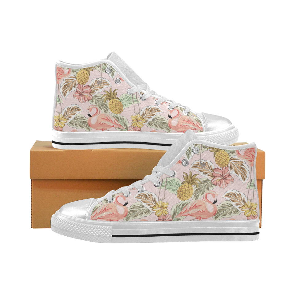 Pink flamingo birds pineapples hibiscus flower pat Women's High Top Canvas Shoes White