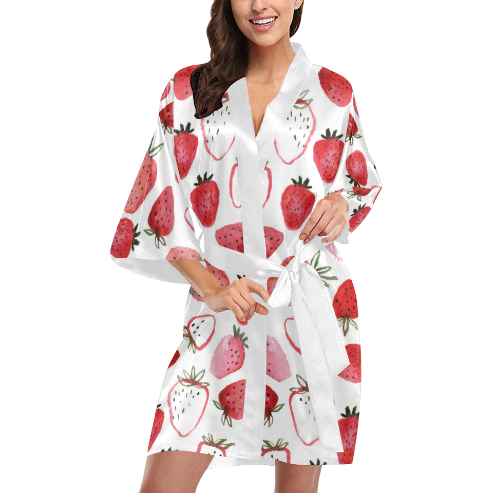 watercolor hand drawn beautiful strawberry pattern Women's Short Kimono Robe