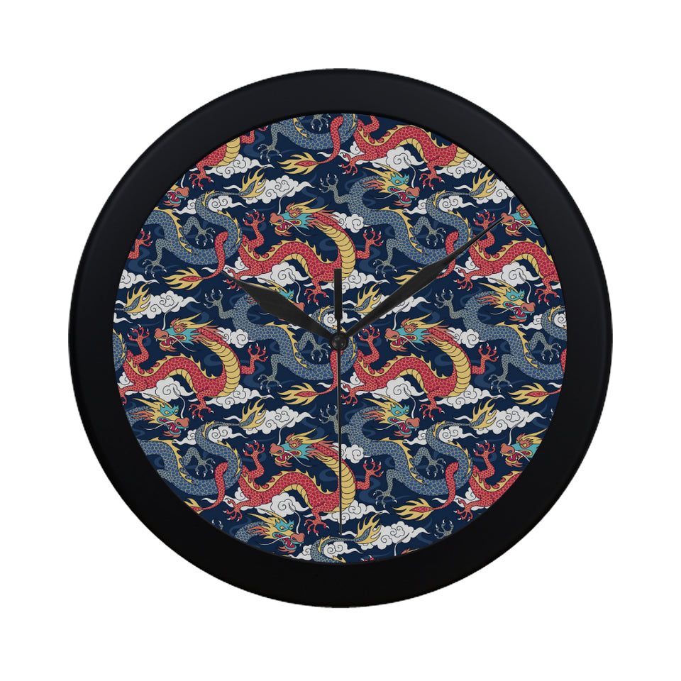 Blue red dragon cloud pattern Elegant Black Wall Clock