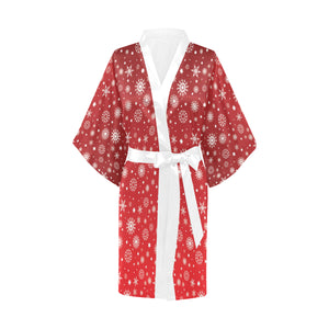 Snowflake pattern red background Women's Short Kimono Robe