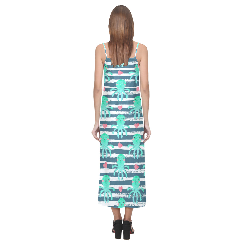 Cute octopuses heart striped background V-Neck Open Fork Long Dress