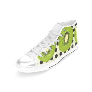 kiwi black dot background Women's High Top Canvas Shoes White