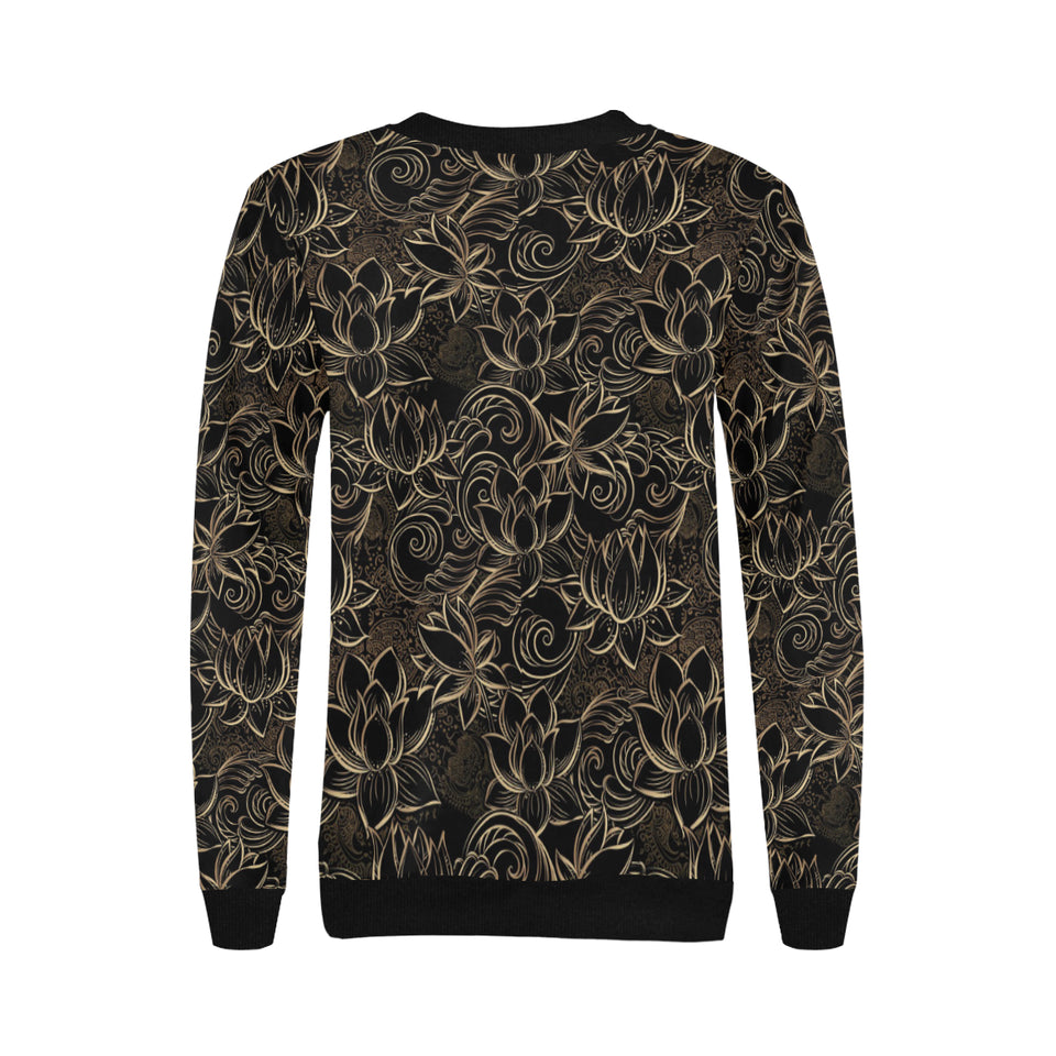 luxurious gold lotus waterlily black background Women's Crew Neck Sweatshirt