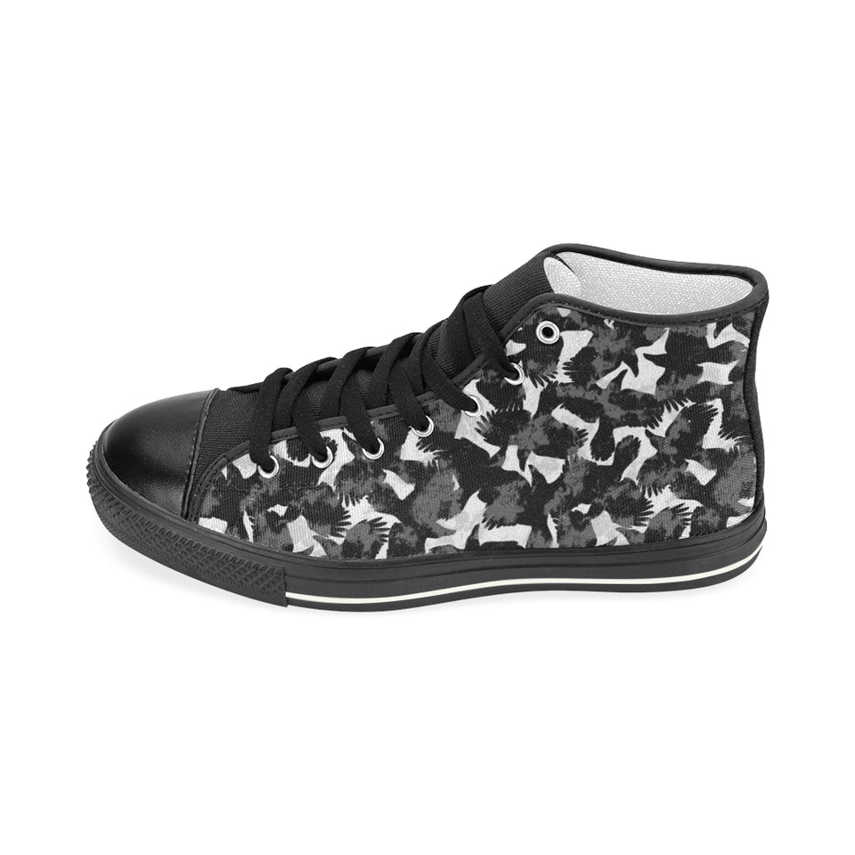 Crow illustration pattern Women's High Top Canvas Shoes Black