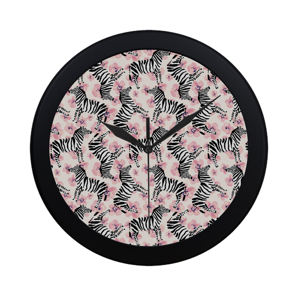 Zebra pink flower background Elegant Black Wall Clock