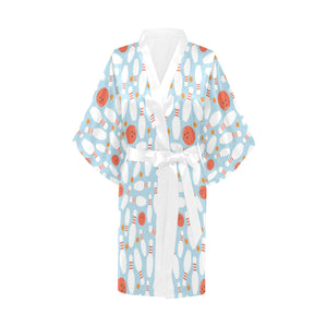 Bowling ball bowling pins blue blackground Women's Short Kimono Robe
