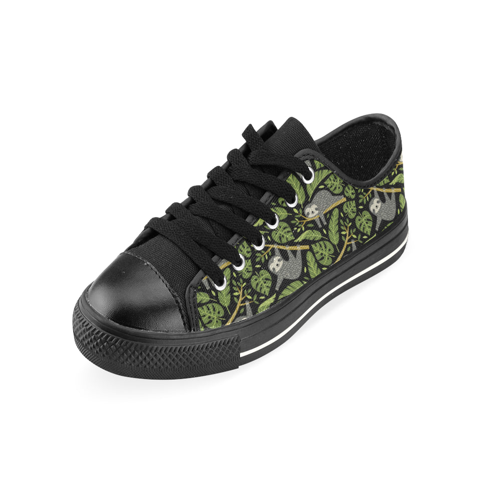 Cute sloths tropical palm leaves black background Men's Low Top Canvas Shoes Black