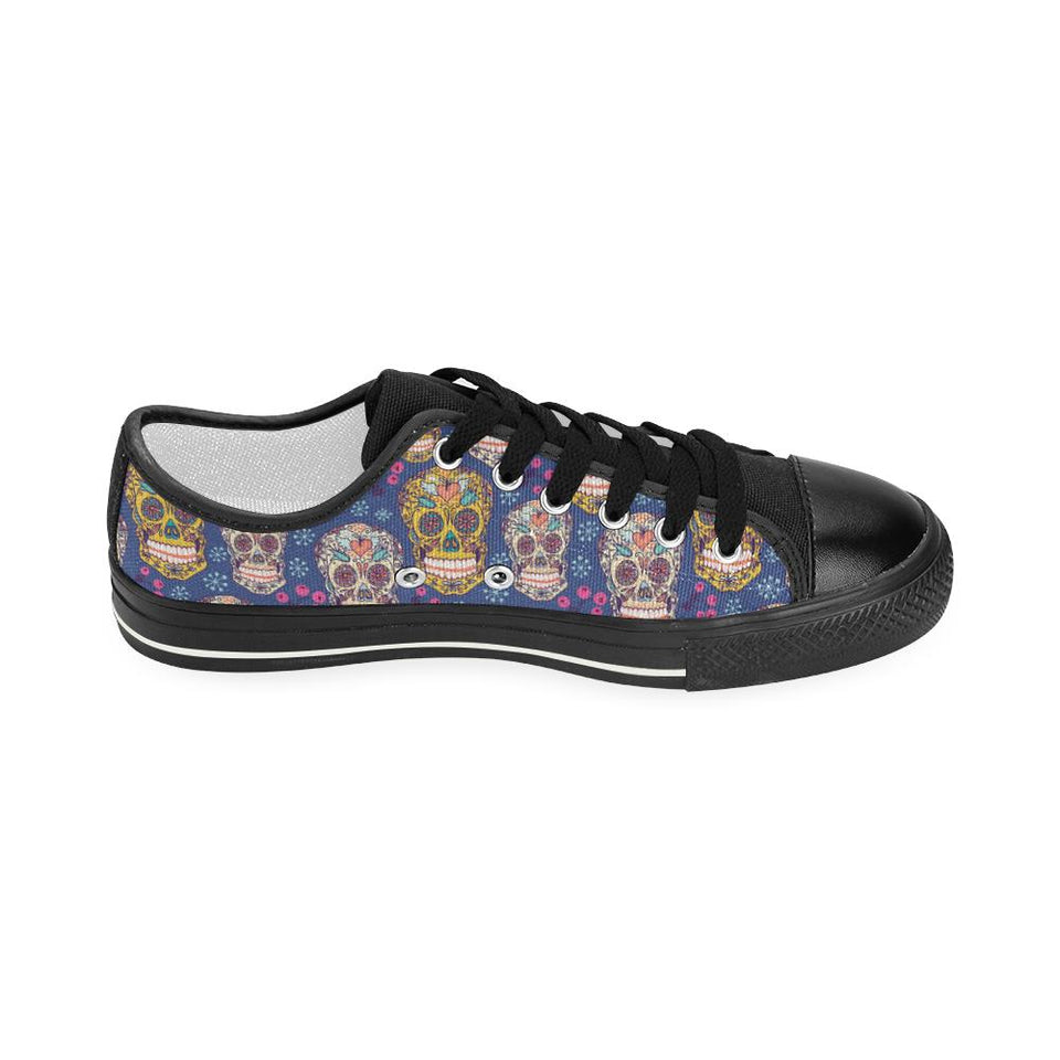 Sugar skull flower pattern Kids' Boys' Girls' Low Top Canvas Shoes Black