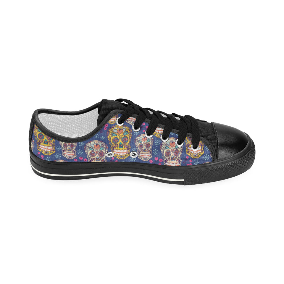 Sugar skull flower pattern Women's Low Top Canvas Shoes Black