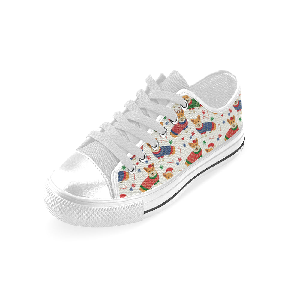 Corgi Christmas Pattern Men's Low Top Canvas Shoes White