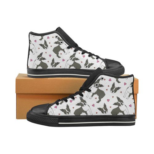 Boston terrier dog hearts vector pattern Women's High Top Canvas Shoes Black