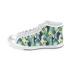 Toucan tropical leaves design pattern Men's High Top Canvas Shoes White