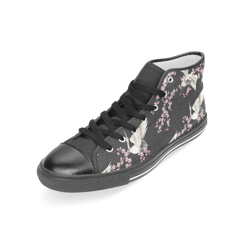 Japanese crane pink sakura pattern Women's High Top Canvas Shoes Black