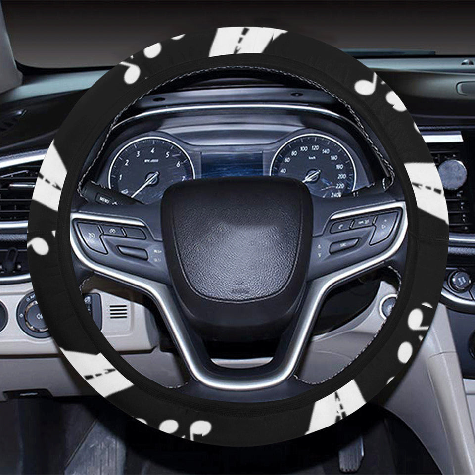Saxophone music notes treble clef black white them Car Steering Wheel Cover
