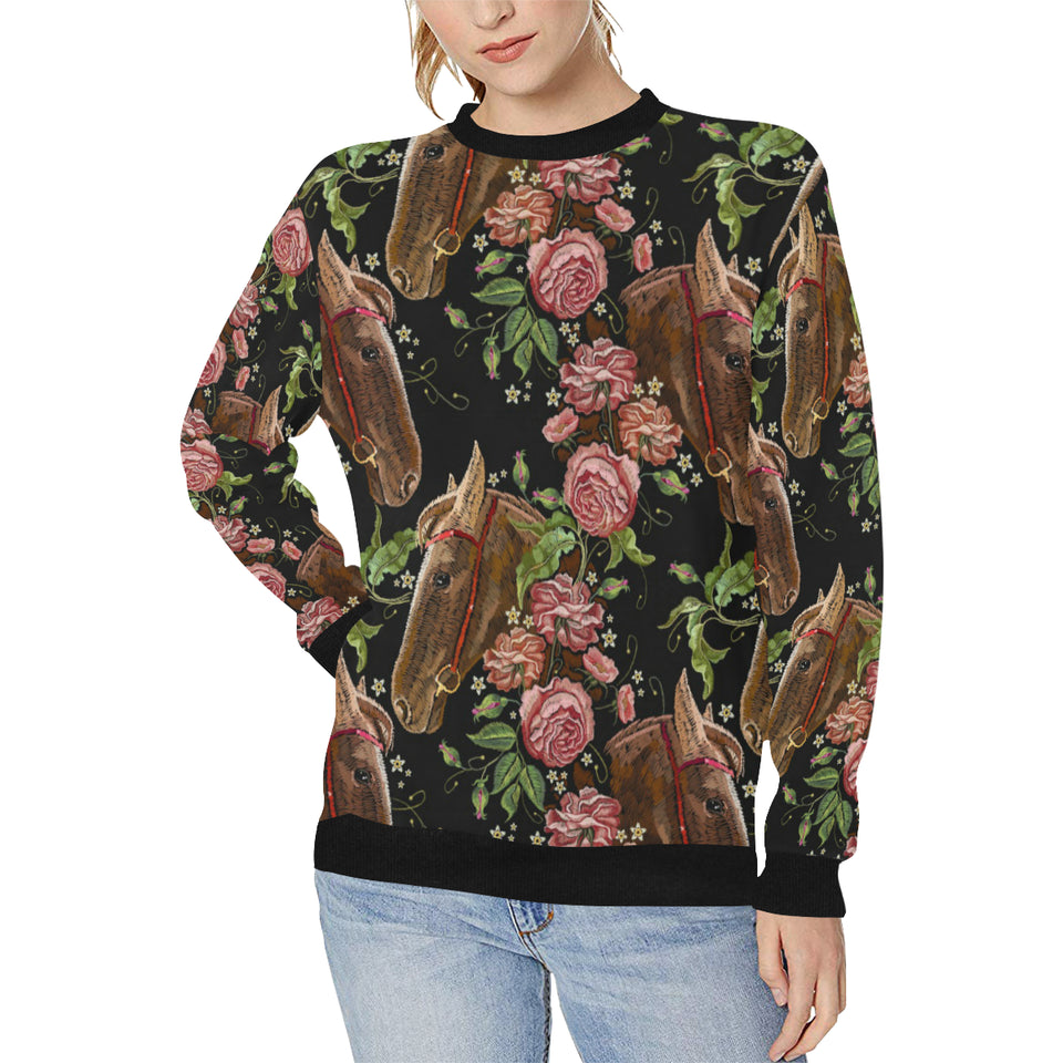 Horse head wild roses pattern Women's Crew Neck Sweatshirt