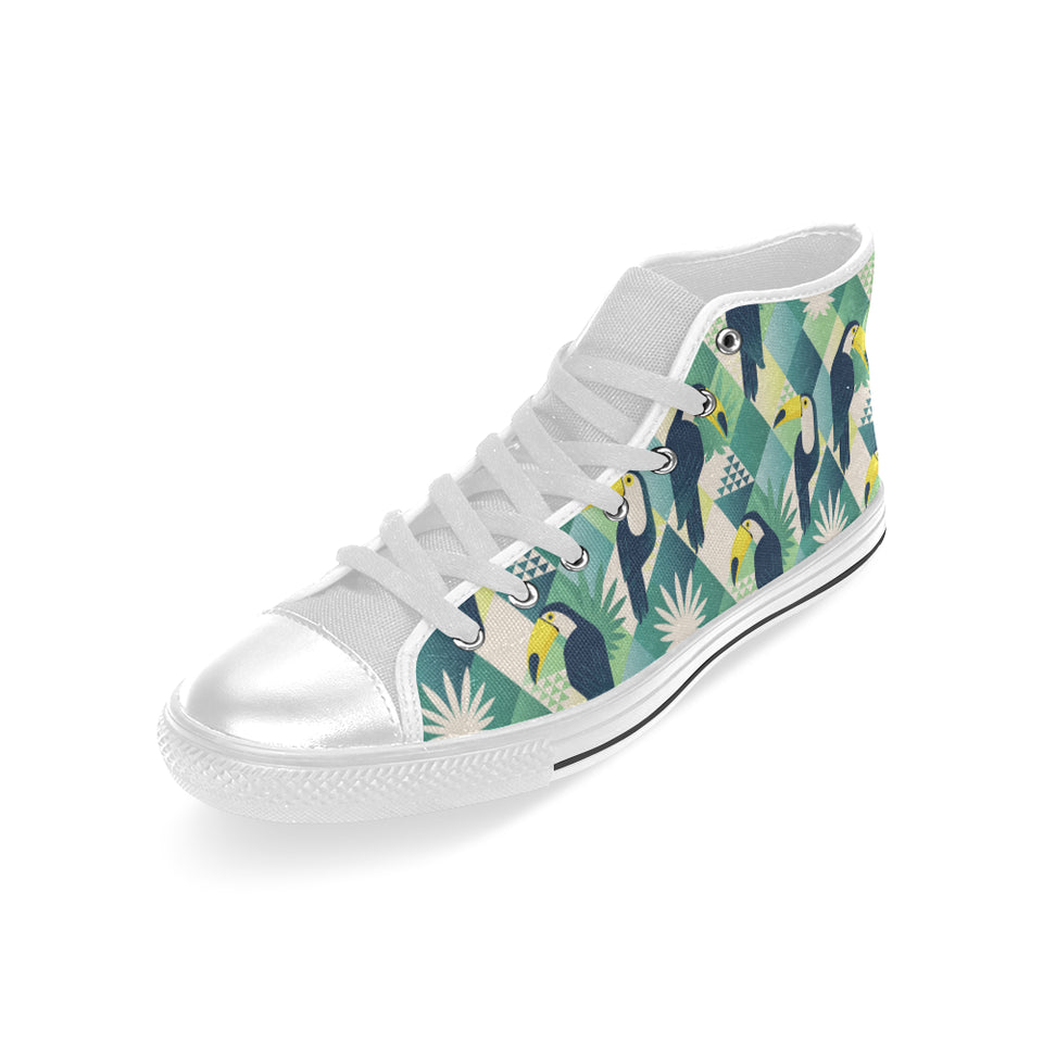 Toucan tropical leaves design pattern Men's High Top Canvas Shoes White