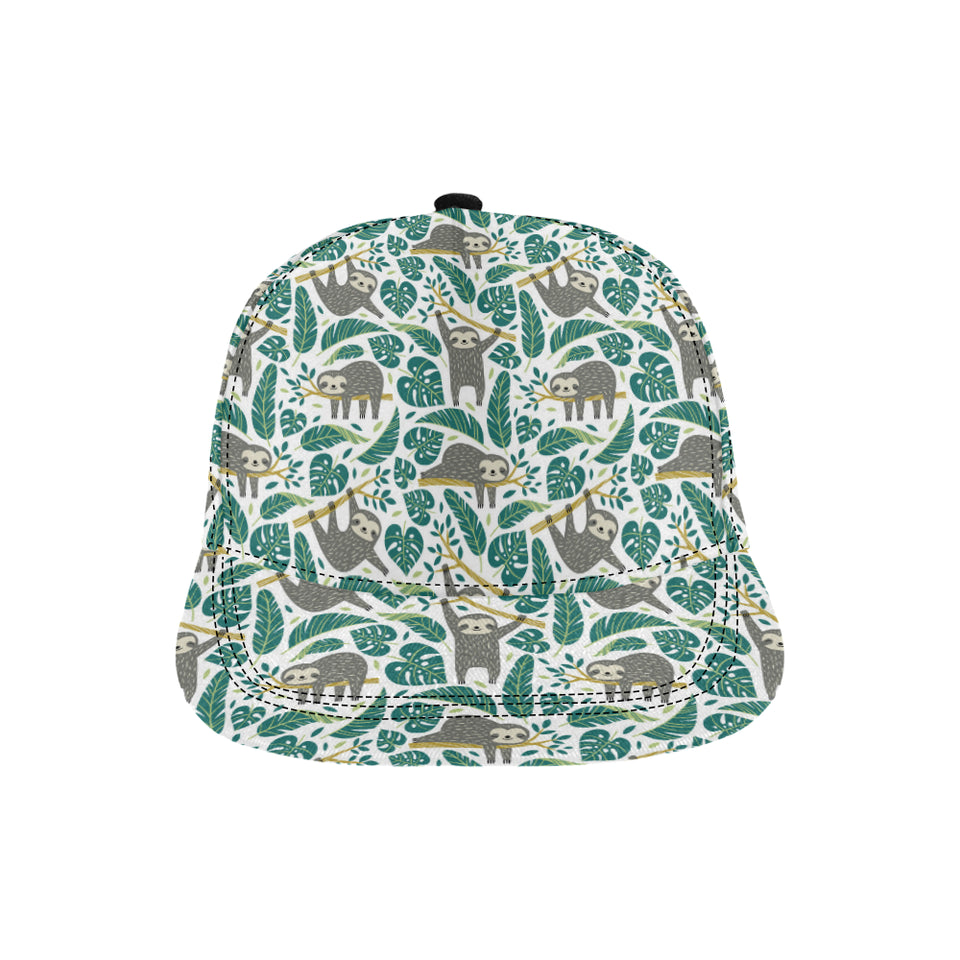 Cute sloths tropical palm leaves white background All Over Print Snapback Cap