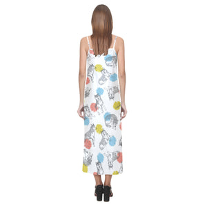 Siberian husky and colorful circle pattern V-Neck Open Fork Long Dress
