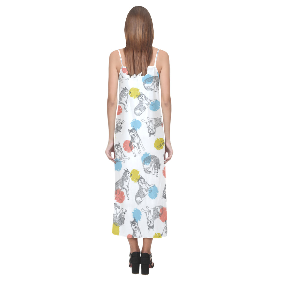 Siberian husky and colorful circle pattern V-Neck Open Fork Long Dress