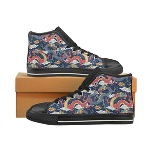 Blue red dragon cloud pattern Women's High Top Canvas Shoes Black