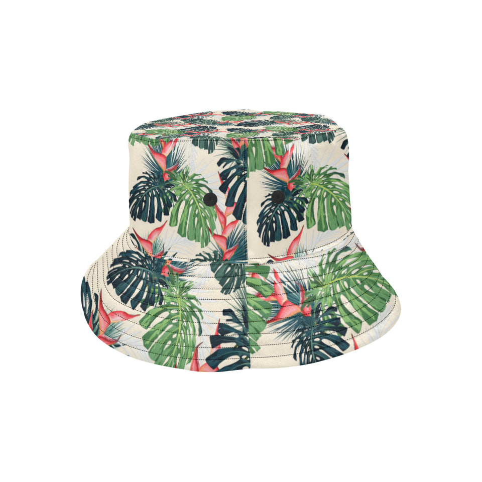 heliconia flowers, palm and monstera leaves Unisex Bucket Hat