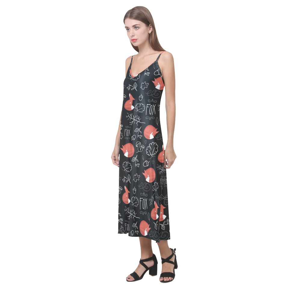 fox sleeping fox pattern V-Neck Open Fork Long Dress