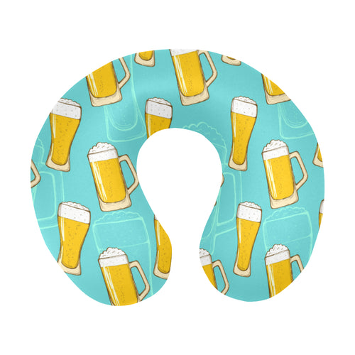Beer pattern green background U-Shaped Travel Neck Pillow